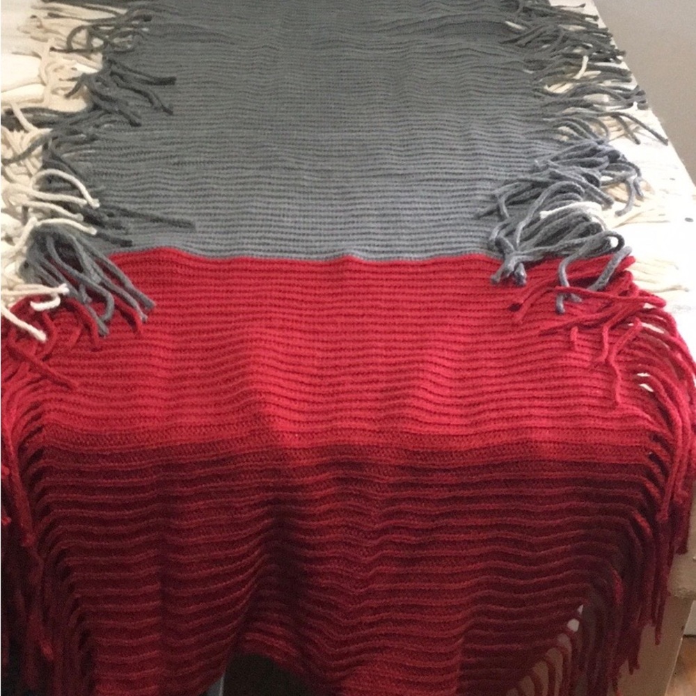 Red grey cream color blocked infinity scarf with fringe